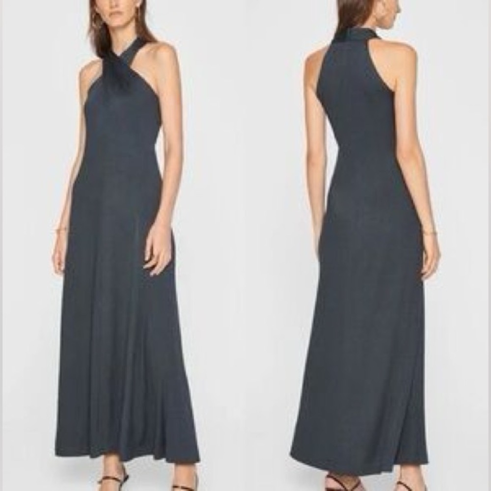Club Monaco Dark green ribbed knit high twist neck Halter midi maxi dress Sz S